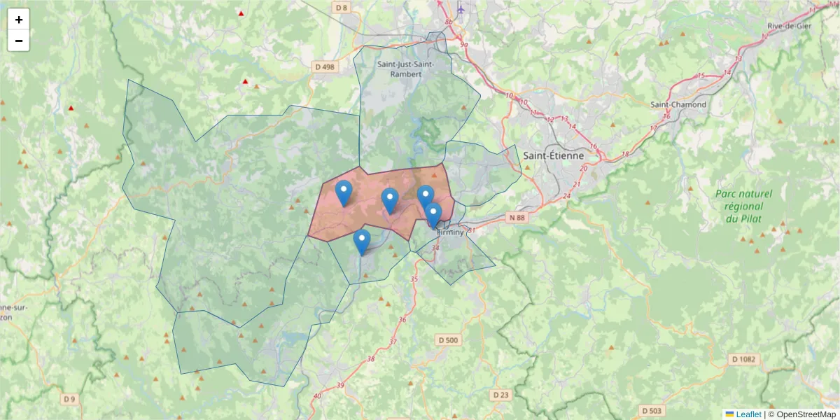 Carte de la zone du code postal  et des codes postaux voisins en France
