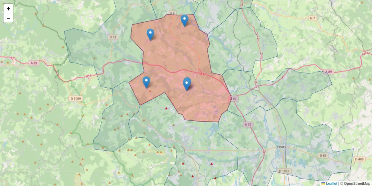 Carte de la zone du code postal  et des codes postaux voisins en France