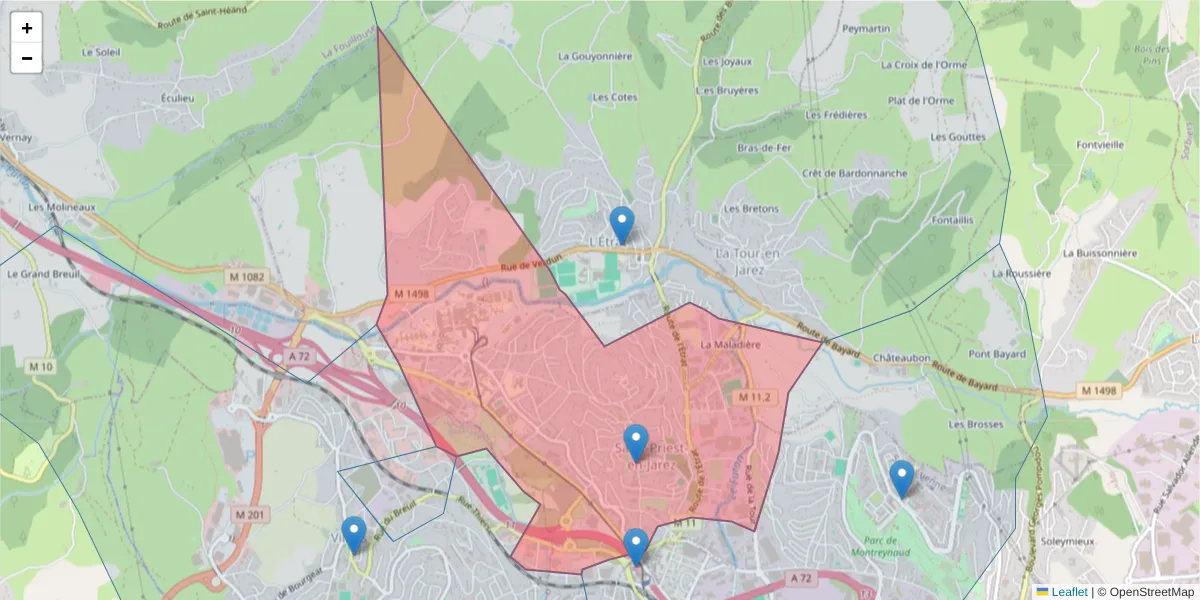 Carte de la zone du code postal  et des codes postaux voisins en France