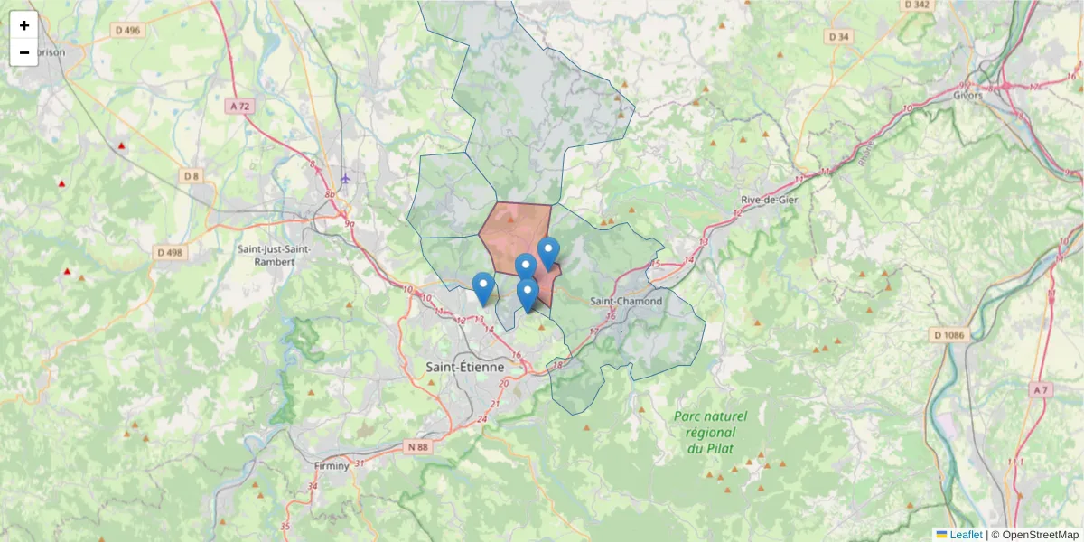 Carte de la zone du code postal  et des codes postaux voisins en France