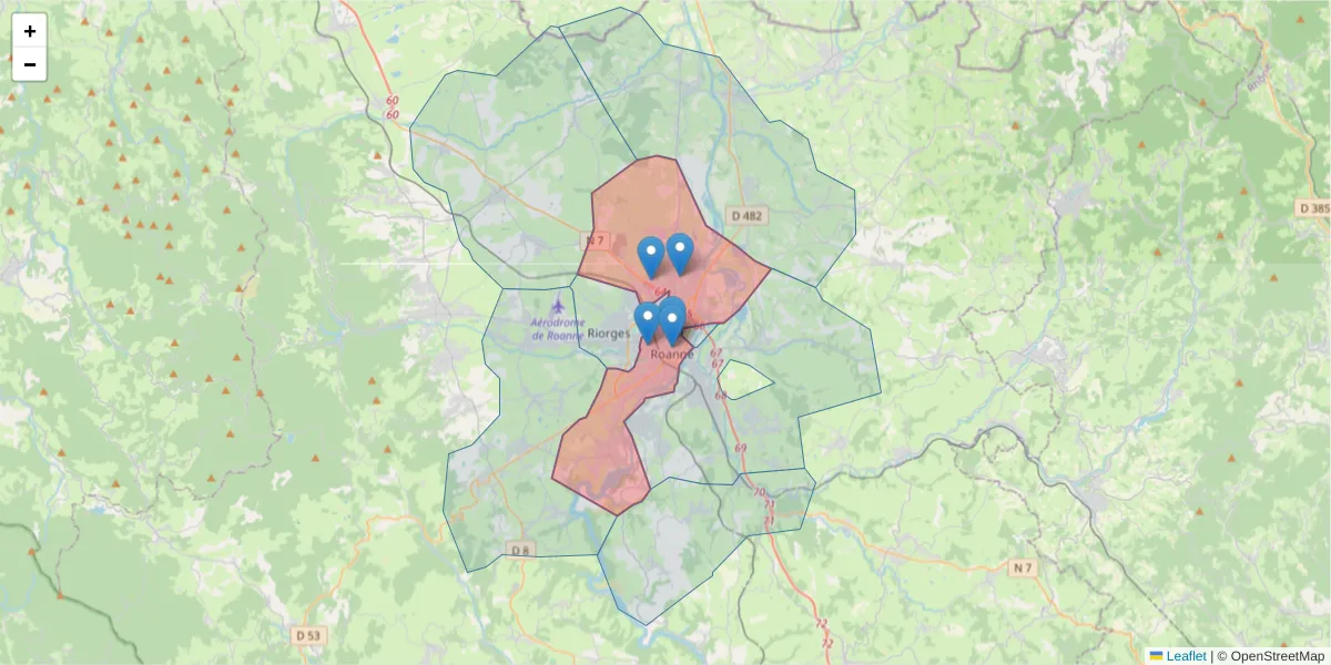 Carte de la zone du code postal  et des codes postaux voisins en France