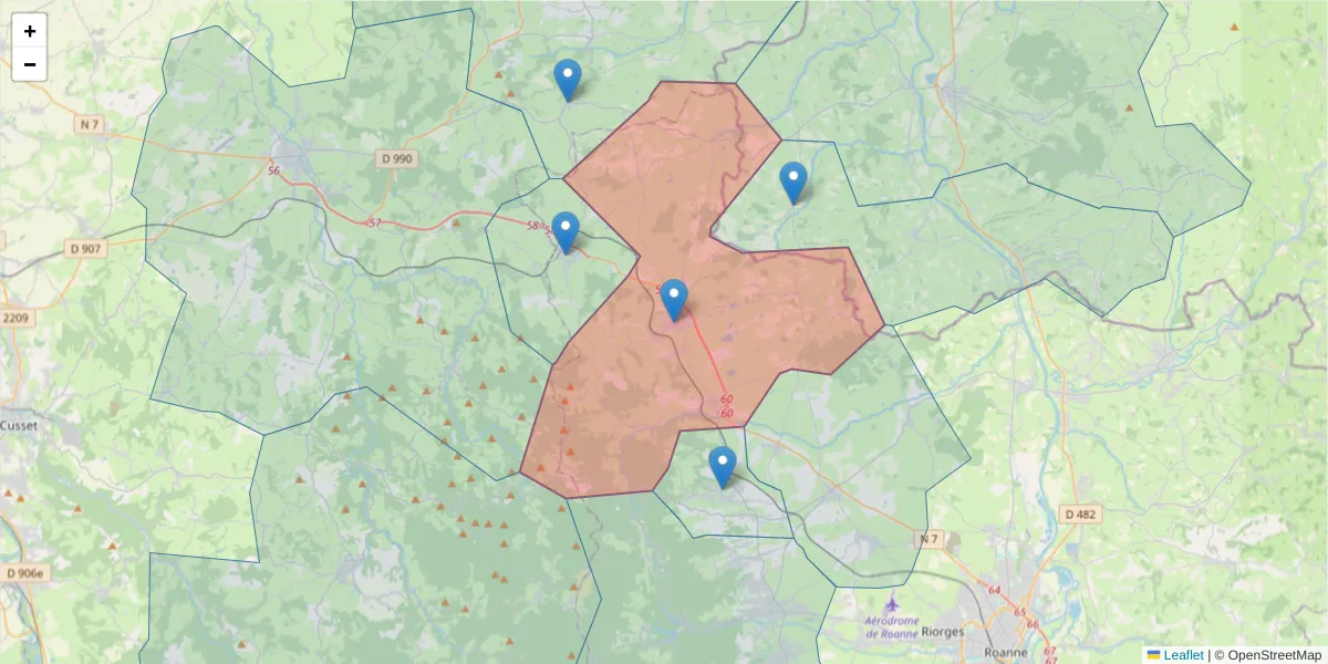 Carte de la zone du code postal  et des codes postaux voisins en France