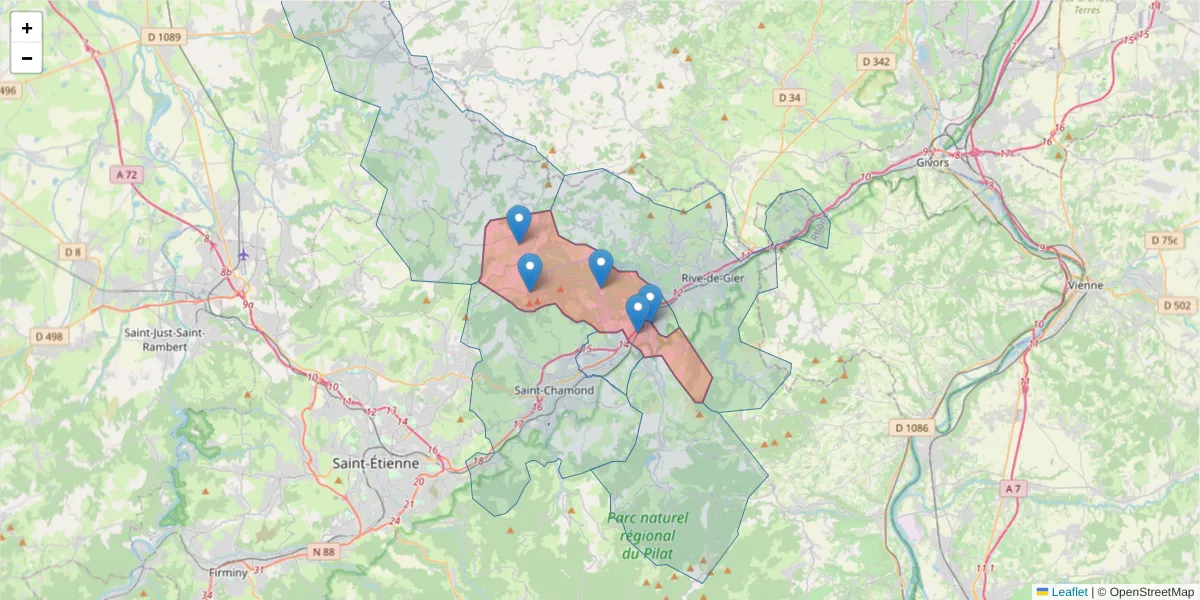 Carte de la zone du code postal  et des codes postaux voisins en France