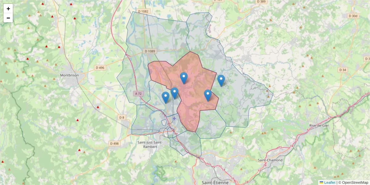 Carte de la zone du code postal  et des codes postaux voisins en France