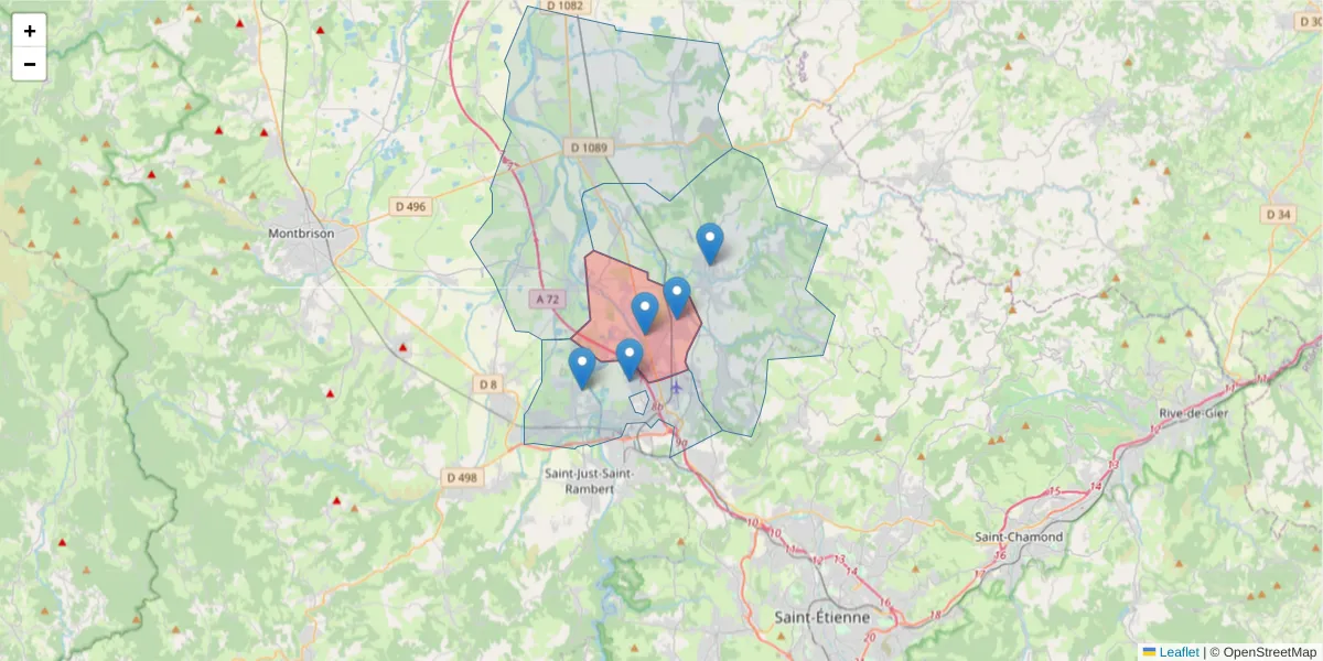 Carte de la zone du code postal  et des codes postaux voisins en France