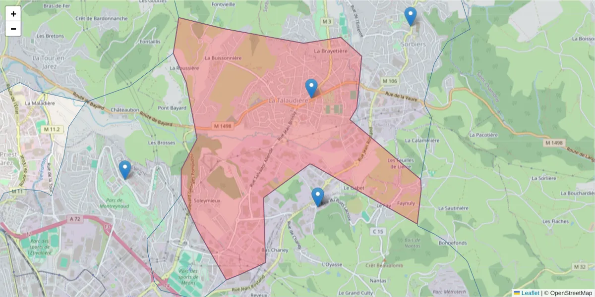 Carte de la zone du code postal  et des codes postaux voisins en France