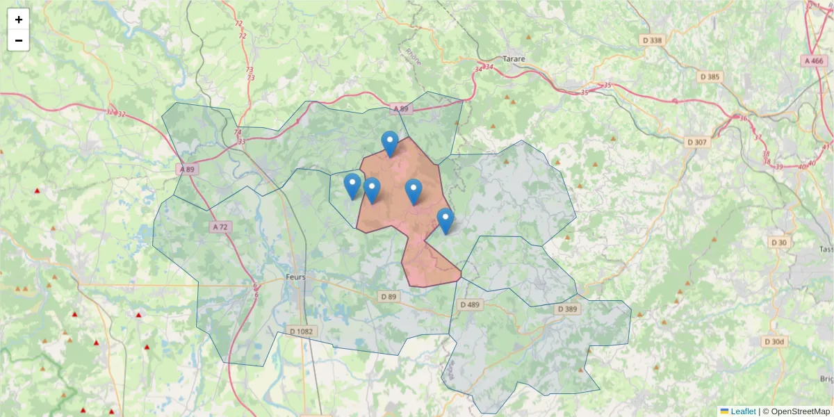 Carte de la zone du code postal  et des codes postaux voisins en France