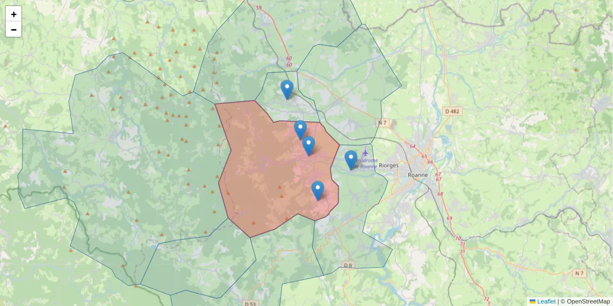 Carte de la zone du code postal  et des codes postaux voisins en France