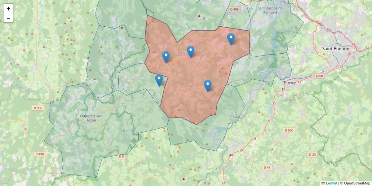 Carte de la zone du code postal  et des codes postaux voisins en France