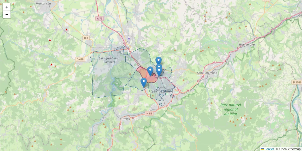 Carte de la zone du code postal  et des codes postaux voisins en France