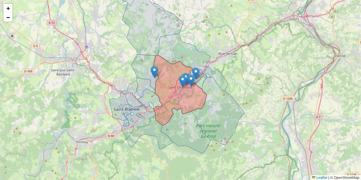 Carte de la zone du code postal  et des codes postaux voisins en France