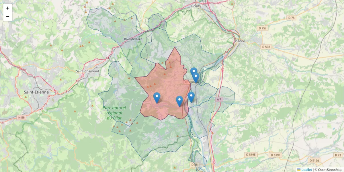 Carte de la zone du code postal  et des codes postaux voisins en France