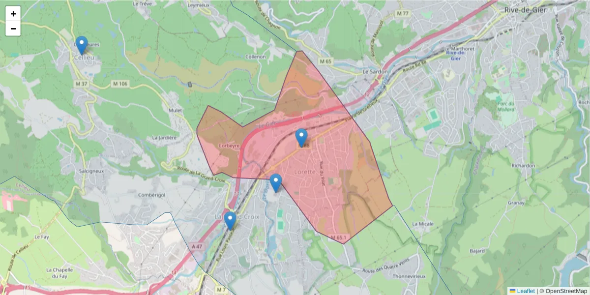 Carte de la zone du code postal  et des codes postaux voisins en France