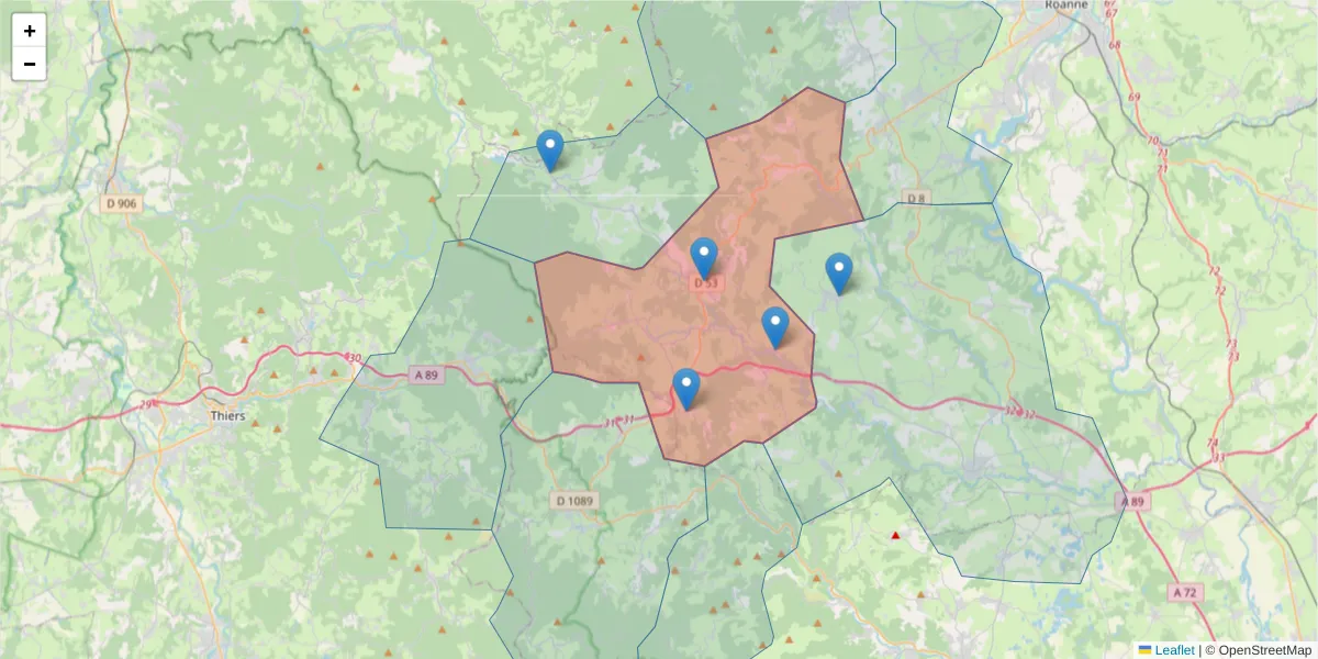 Carte de la zone du code postal  et des codes postaux voisins en France