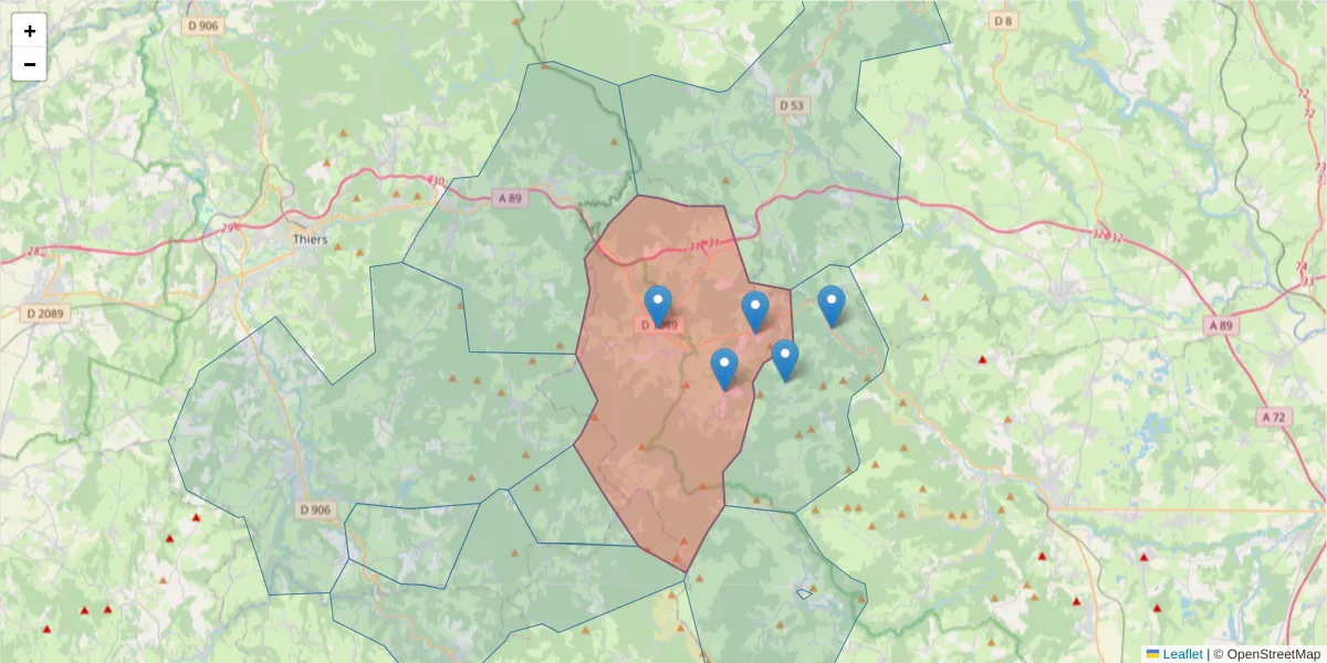 Carte de la zone du code postal  et des codes postaux voisins en France