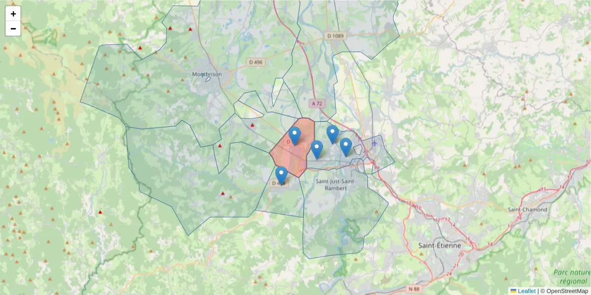 Carte de la zone du code postal  et des codes postaux voisins en France