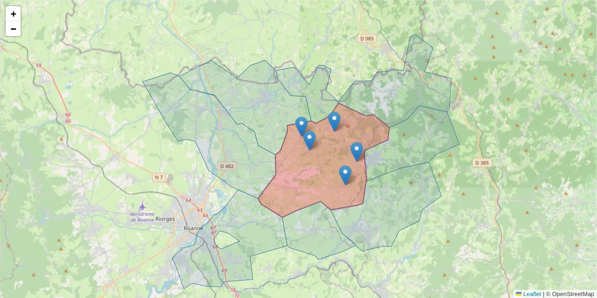 Carte de la zone du code postal  et des codes postaux voisins en France