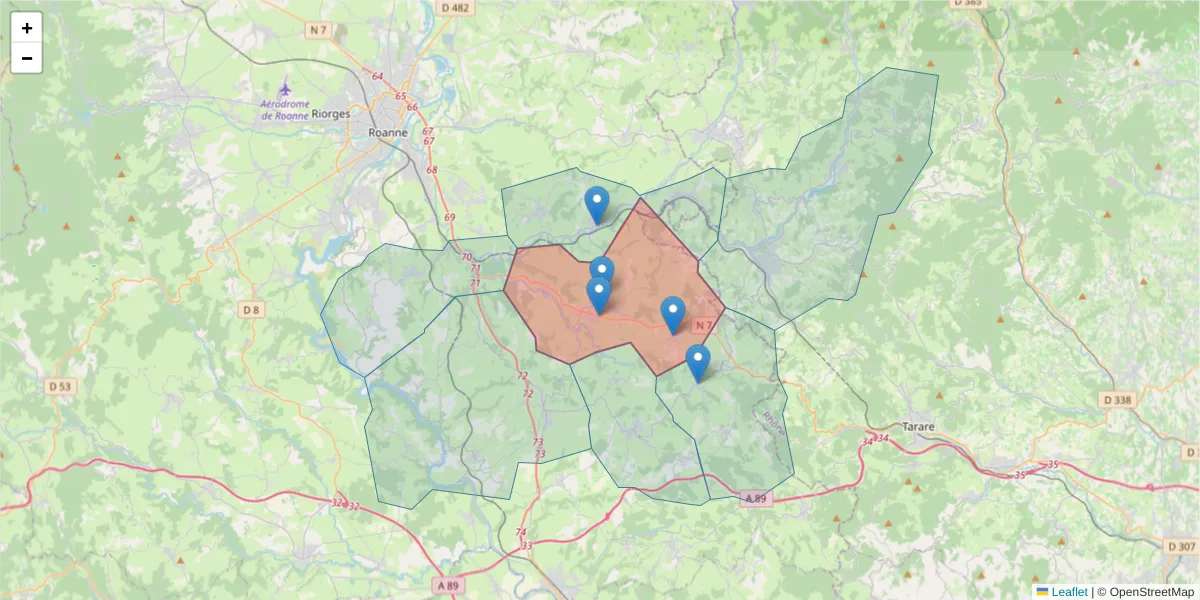 Carte de la zone du code postal  et des codes postaux voisins en France