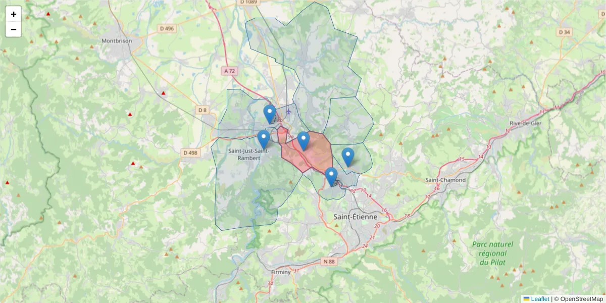Carte de la zone du code postal  et des codes postaux voisins en France