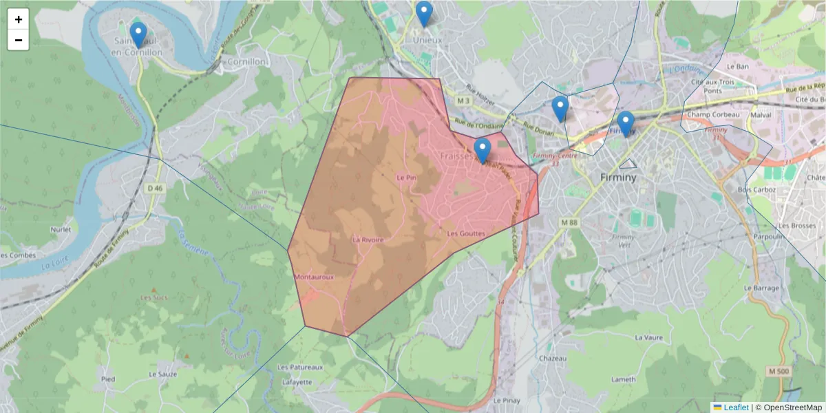 Carte de la zone du code postal  et des codes postaux voisins en France