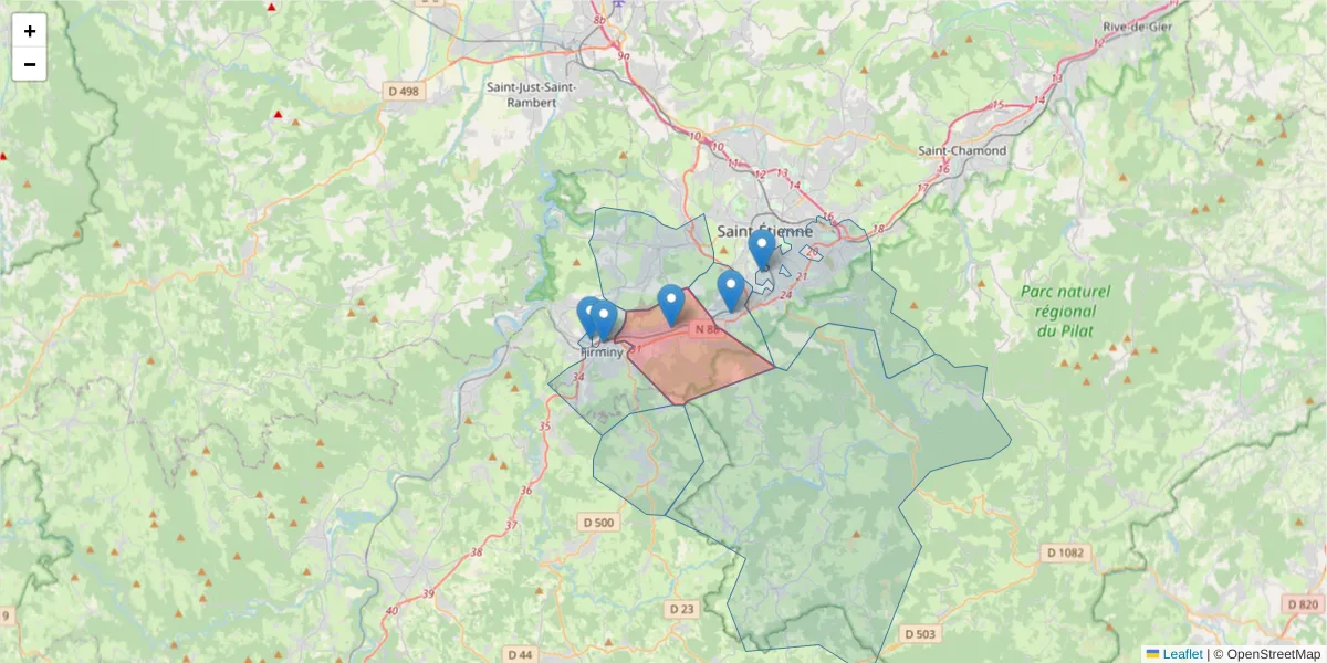 Carte de la zone du code postal  et des codes postaux voisins en France