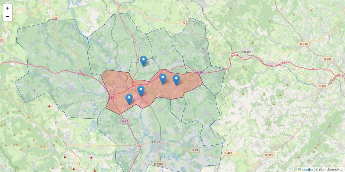 Carte de la zone du code postal  et des codes postaux voisins en France