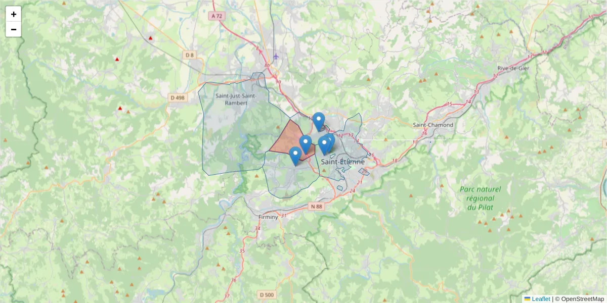 Carte de la zone du code postal  et des codes postaux voisins en France