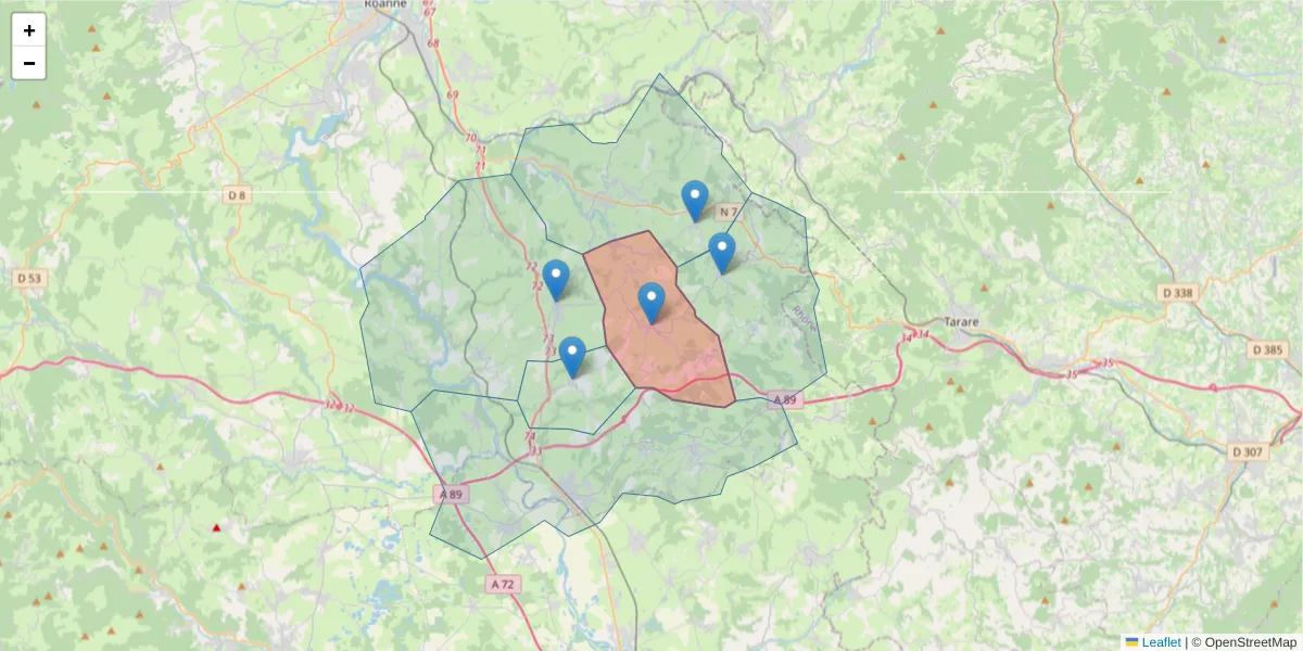 Carte de la zone du code postal  et des codes postaux voisins en France