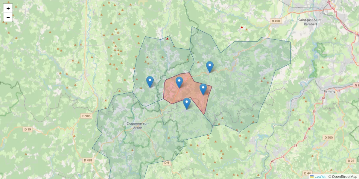 Carte de la zone du code postal  et des codes postaux voisins en France