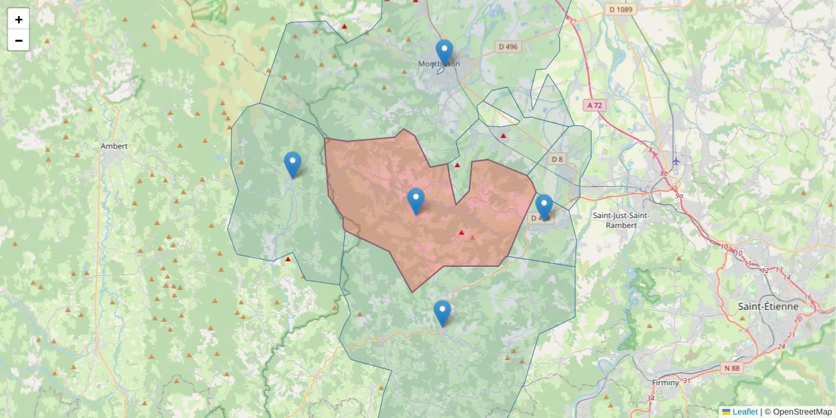 Carte de la zone du code postal  et des codes postaux voisins en France