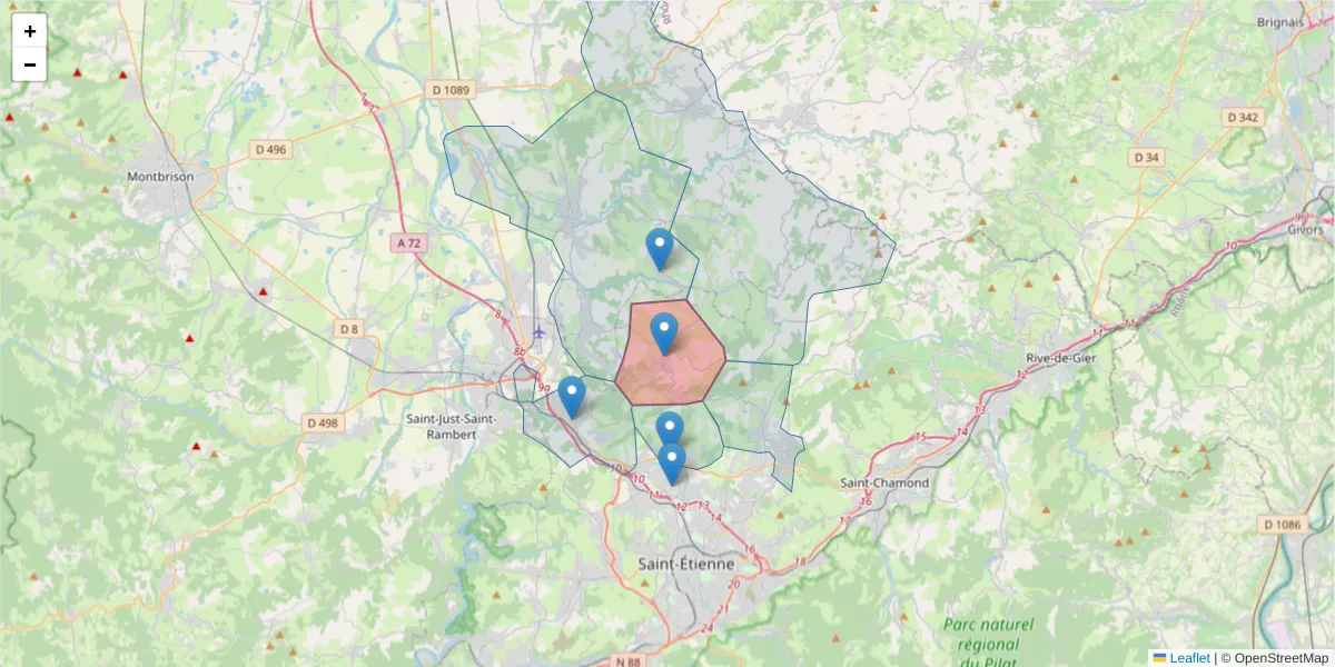 Carte de la zone du code postal  et des codes postaux voisins en France