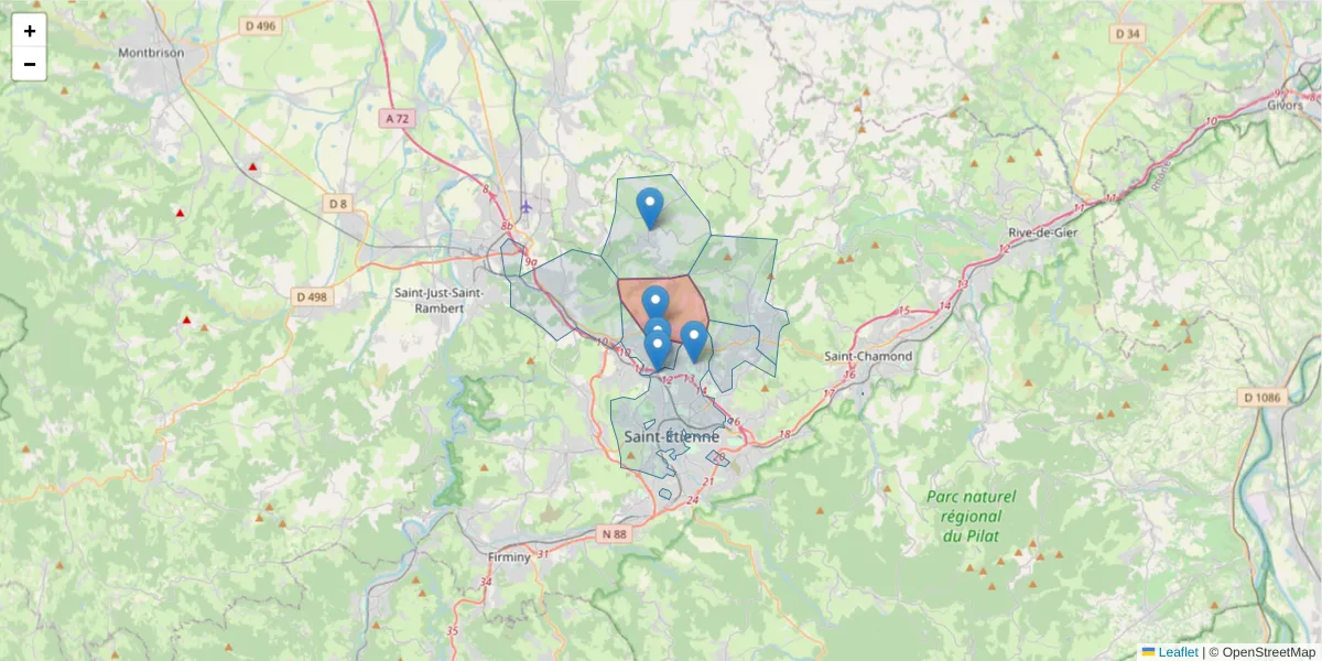 Carte de la zone du code postal  et des codes postaux voisins en France