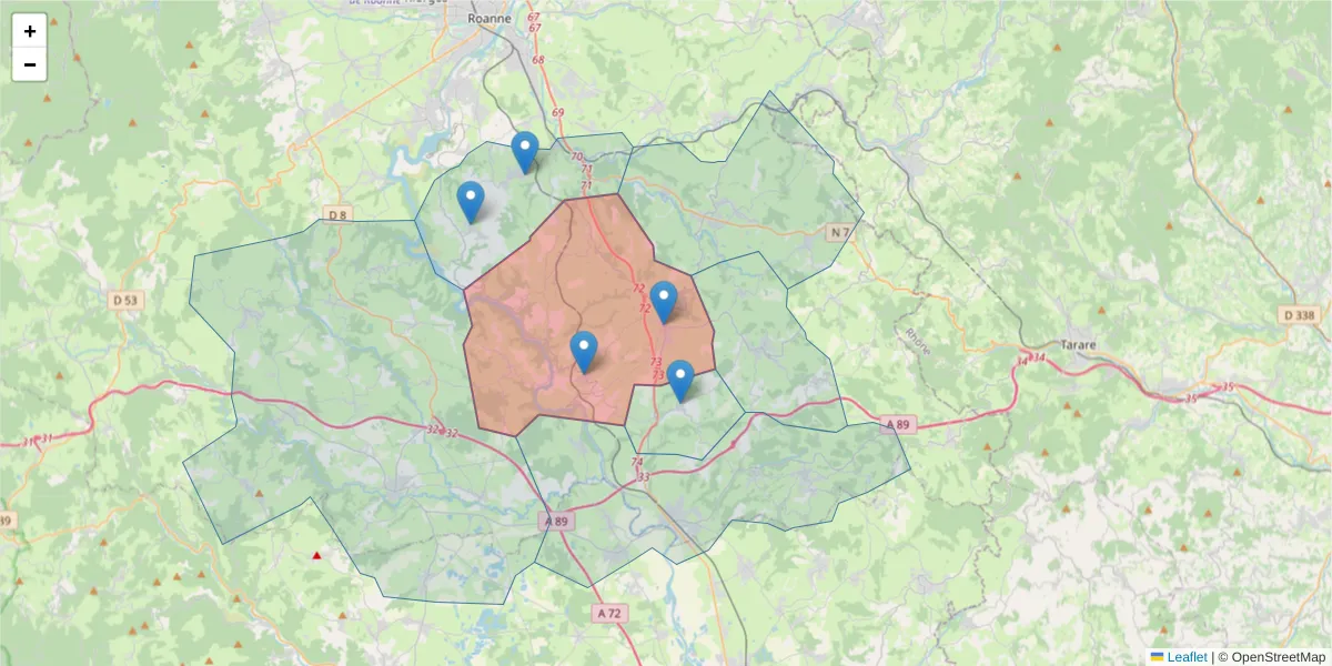 Carte de la zone du code postal  et des codes postaux voisins en France