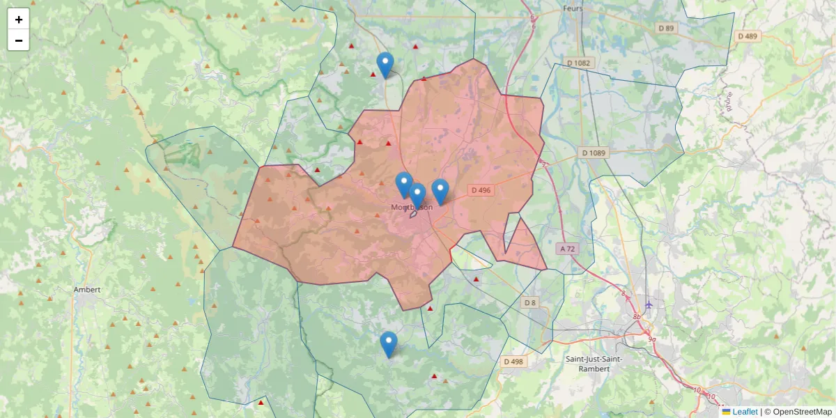 Carte de la zone du code postal  et des codes postaux voisins en France