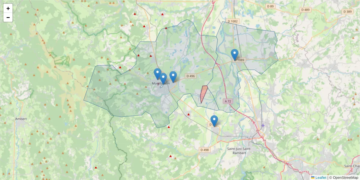 Carte de la zone du code postal  et des codes postaux voisins en France