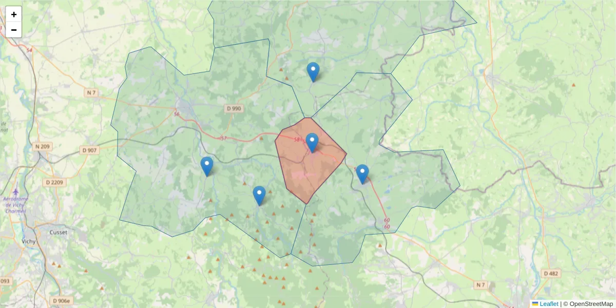 Carte de la zone du code postal  et des codes postaux voisins en France