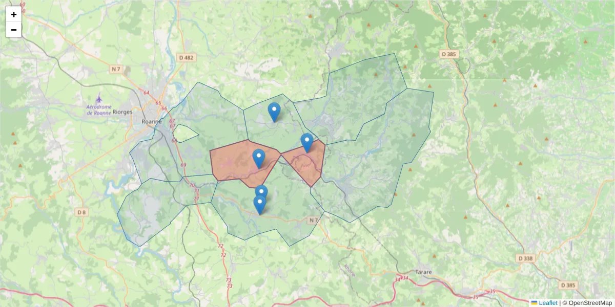 Carte de la zone du code postal  et des codes postaux voisins en France