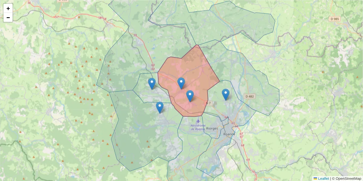Carte de la zone du code postal  et des codes postaux voisins en France