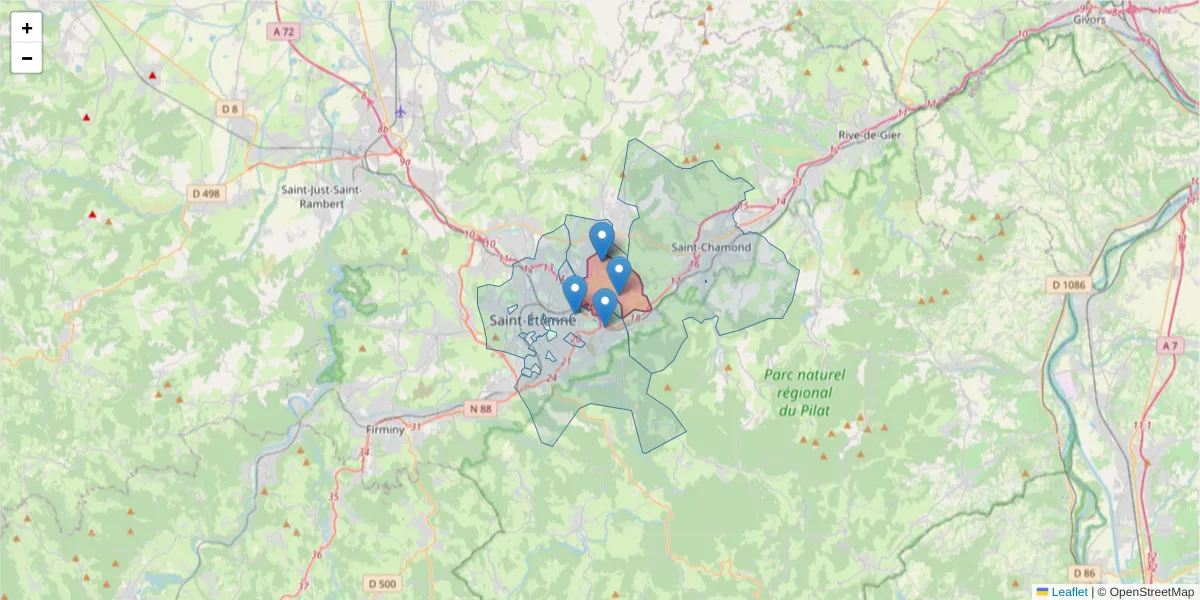 Carte de la zone du code postal  et des codes postaux voisins en France