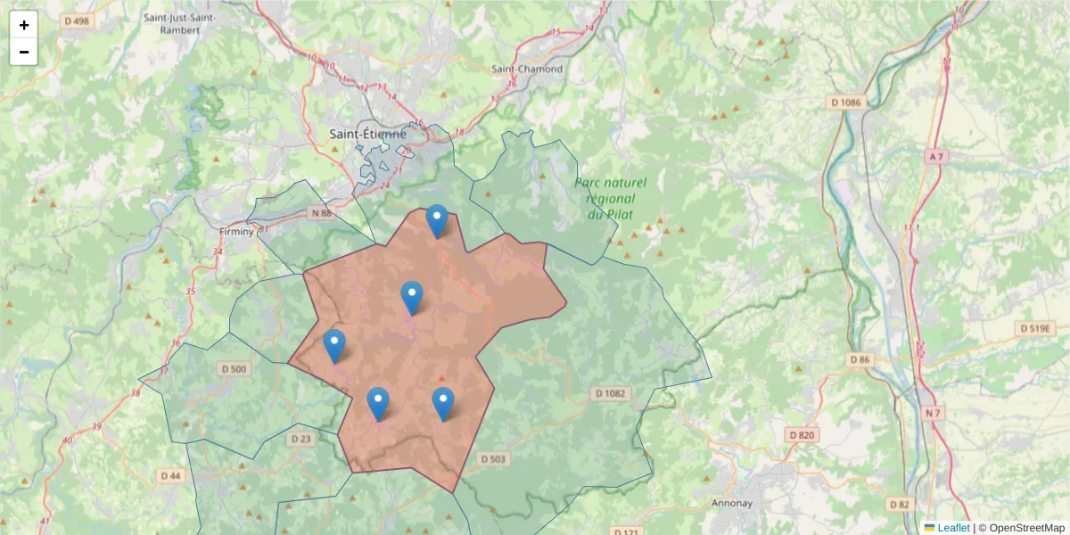 Carte de la zone du code postal  et des codes postaux voisins en France