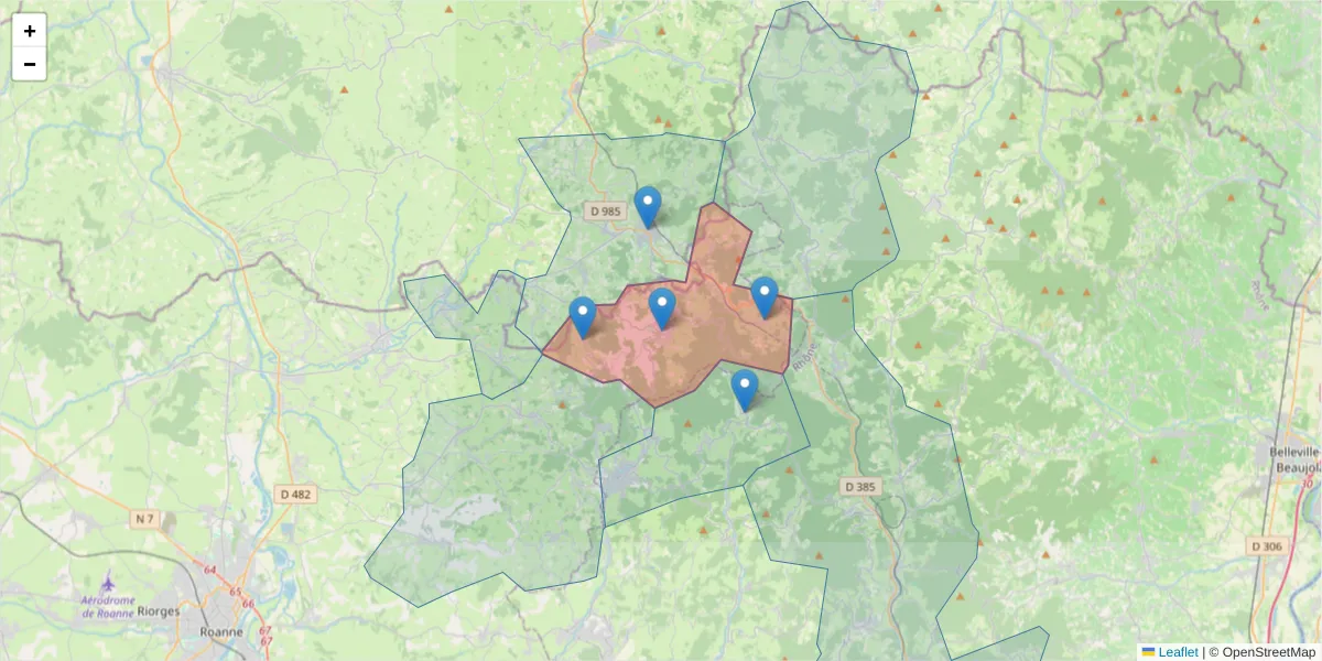 Carte de la zone du code postal  et des codes postaux voisins en France