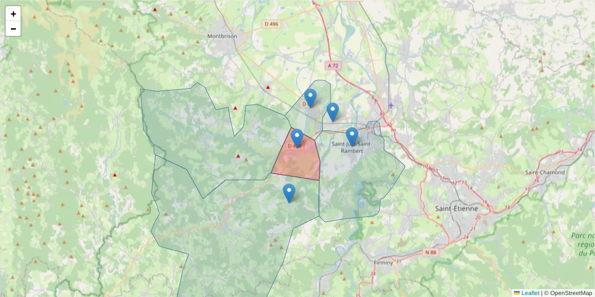 Carte de la zone du code postal  et des codes postaux voisins en France