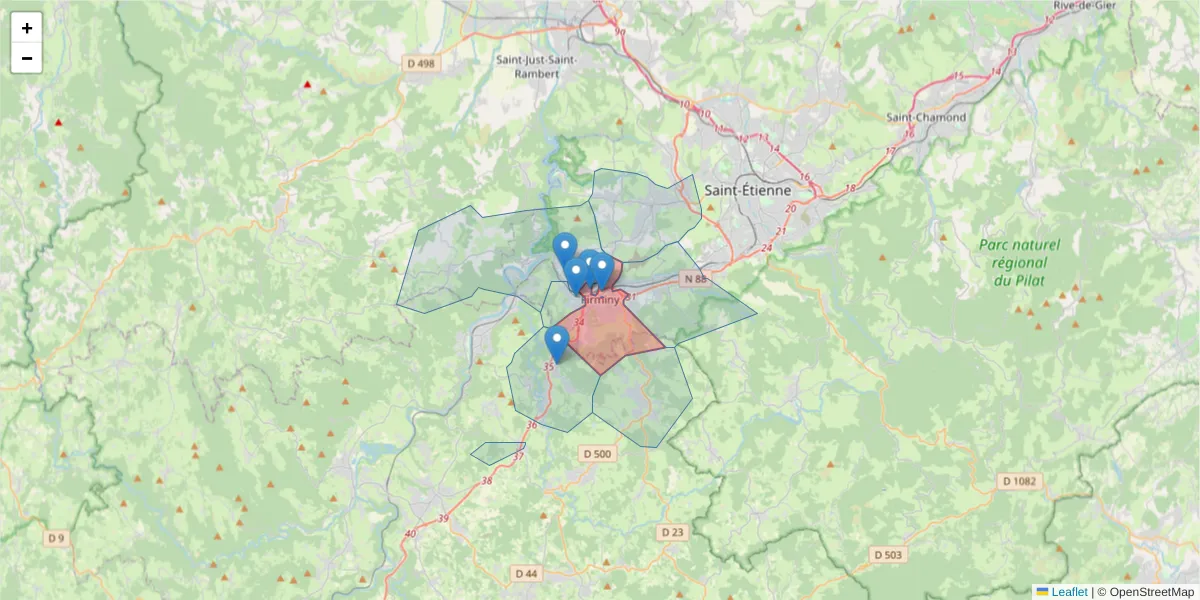 Carte de la zone du code postal  et des codes postaux voisins en France