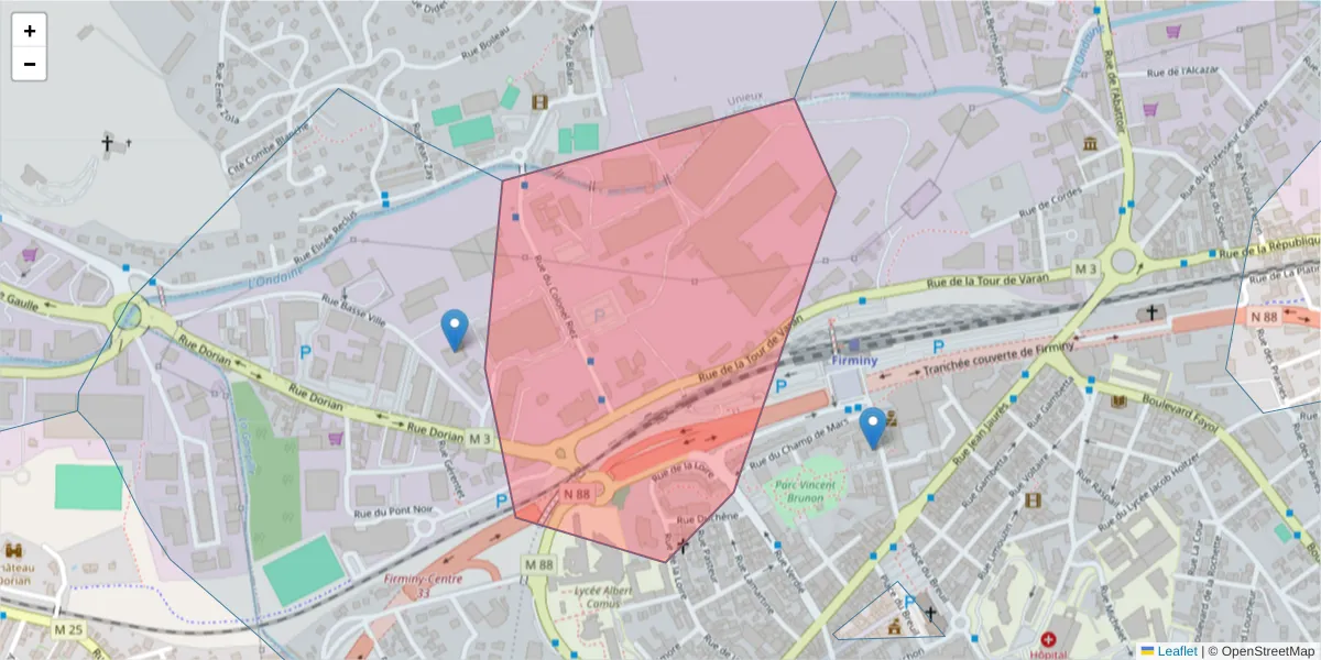 Carte de la zone du code postal  et des codes postaux voisins en France