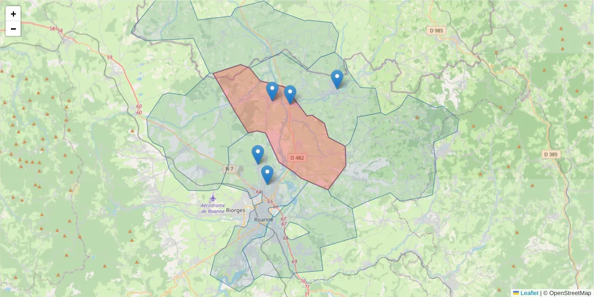 Carte de la zone du code postal  et des codes postaux voisins en France