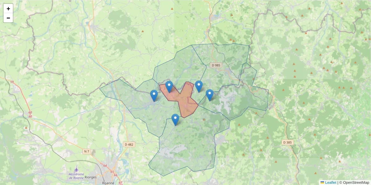 Carte de la zone du code postal  et des codes postaux voisins en France