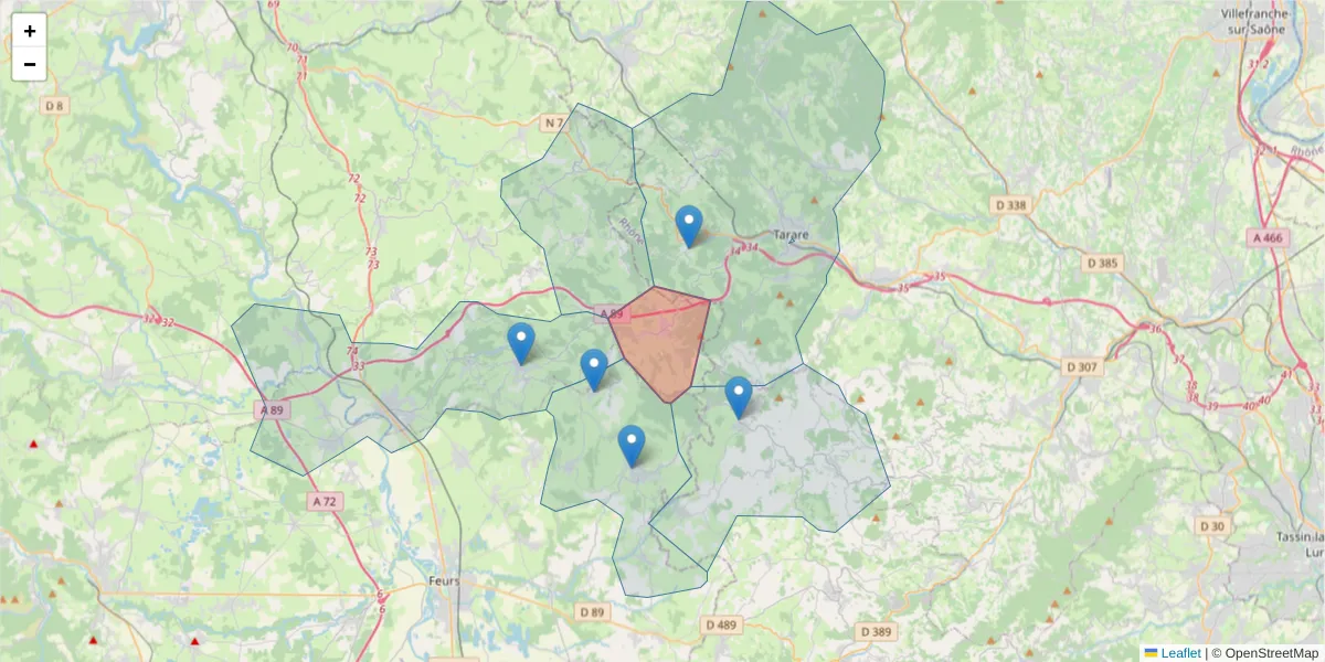 Carte de la zone du code postal  et des codes postaux voisins en France