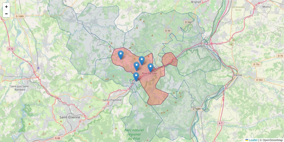 Carte de la zone du code postal  et des codes postaux voisins en France
