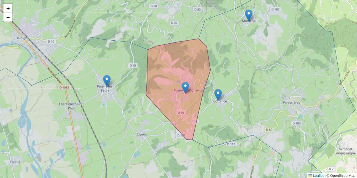Carte de la zone du code postal  et des codes postaux voisins en France