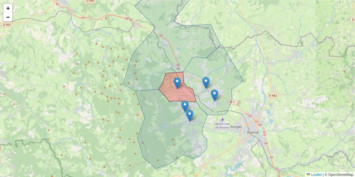 Carte de la zone du code postal  et des codes postaux voisins en France